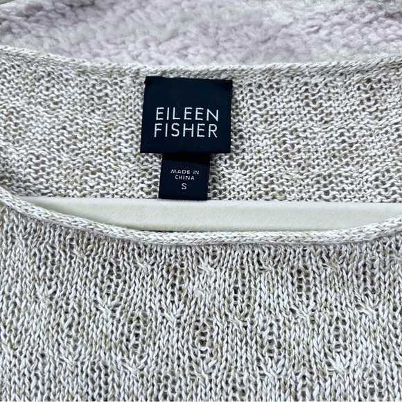 Eileen Fisher Tan and White Open Knit Tunic Top 100% Linen Size Small Neutral - Picture 3 of 11
